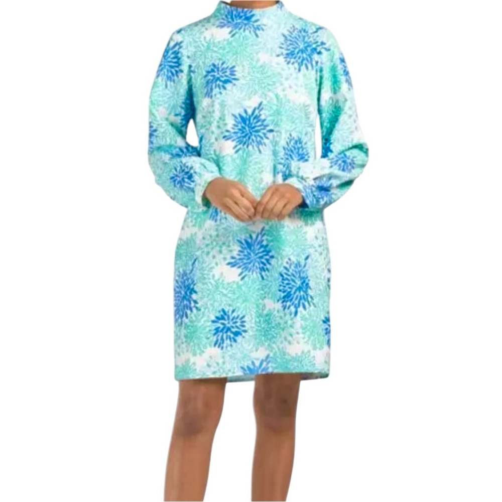 Sail To Sable Long Sleeve Shift  Dress Print White & Blue Turquoise Size M $258